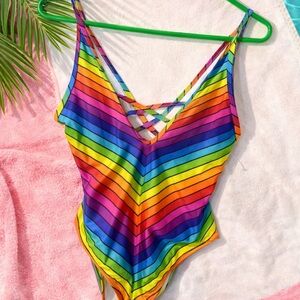 Forever 21 Rainbow Striped One Piece Swimsuit | Crisscross Back | Size M (10)